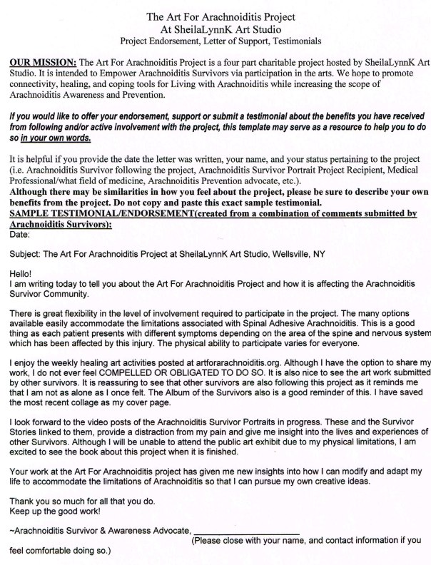 Sample Endorsement Letter for the Art For Arachnoiditis Project